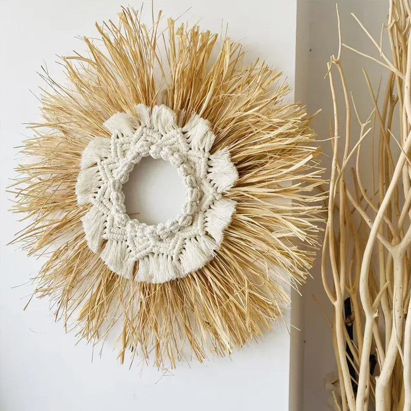 🌾 Natural Raffia Boho Wall Hanging – Handmade Farmhouse Charm 💛