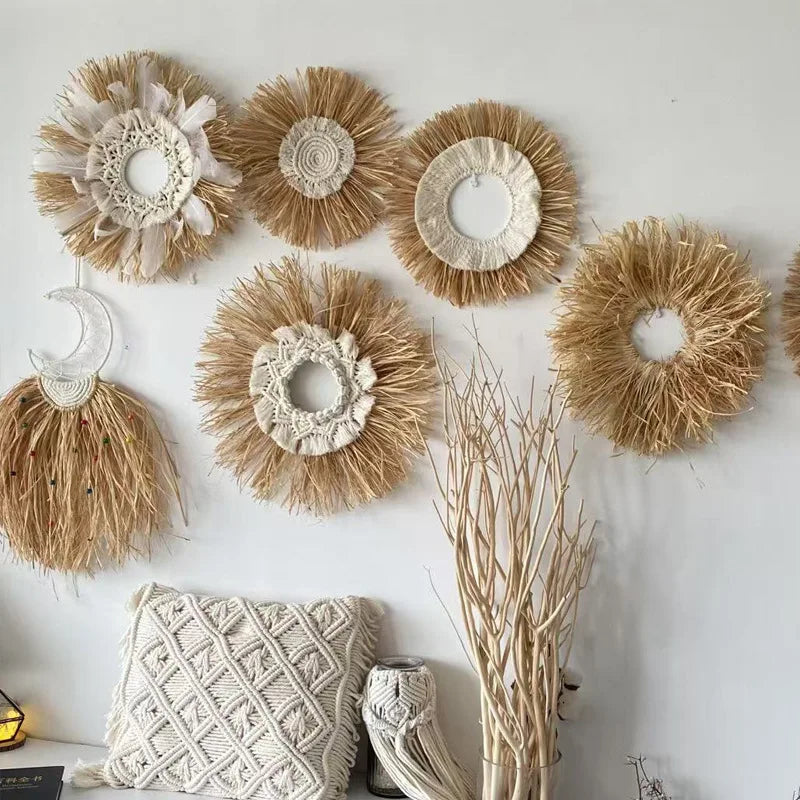 🌾 Natural Raffia Boho Wall Hanging – Handmade Farmhouse Charm 💛